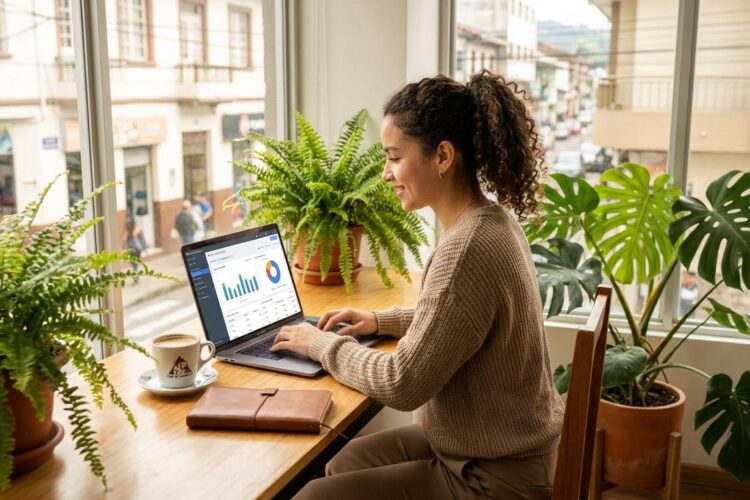 Estudiante de Unitécnica revisando métricas de marketing digital para un proyecto de diseño gráfico