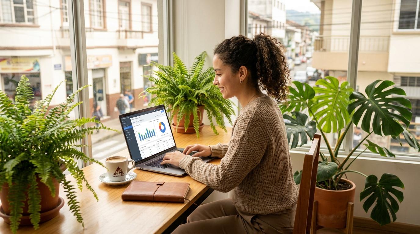 Estudiante de Unitécnica revisando métricas de marketing digital para un proyecto de diseño gráfico