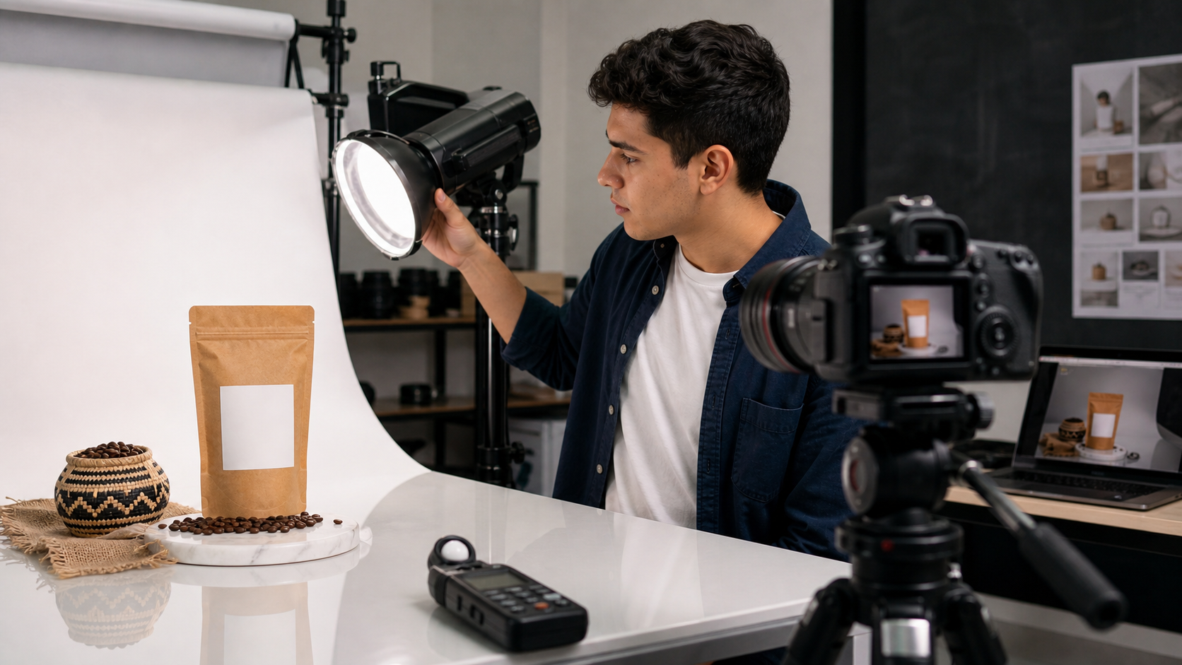 Estudiante de Unitécnica ajustando iluminación para fotografía comercial y de producto
