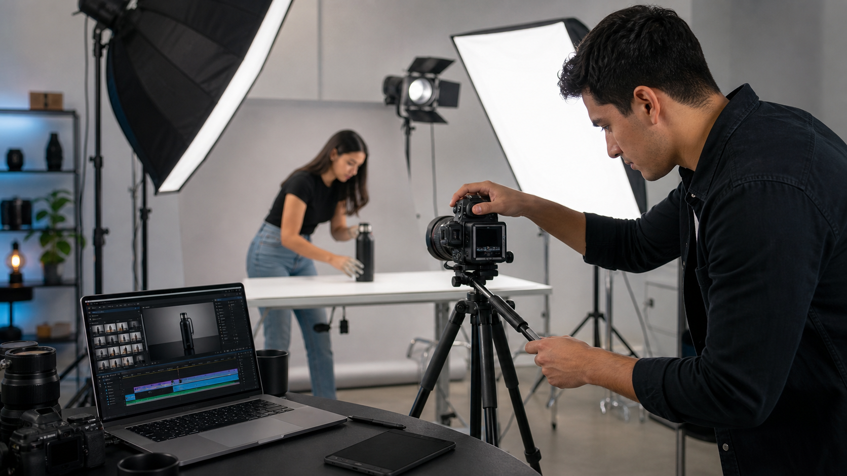 Estudiantes de Unitécnica realizando una producción de fotografía y video digital en estudio