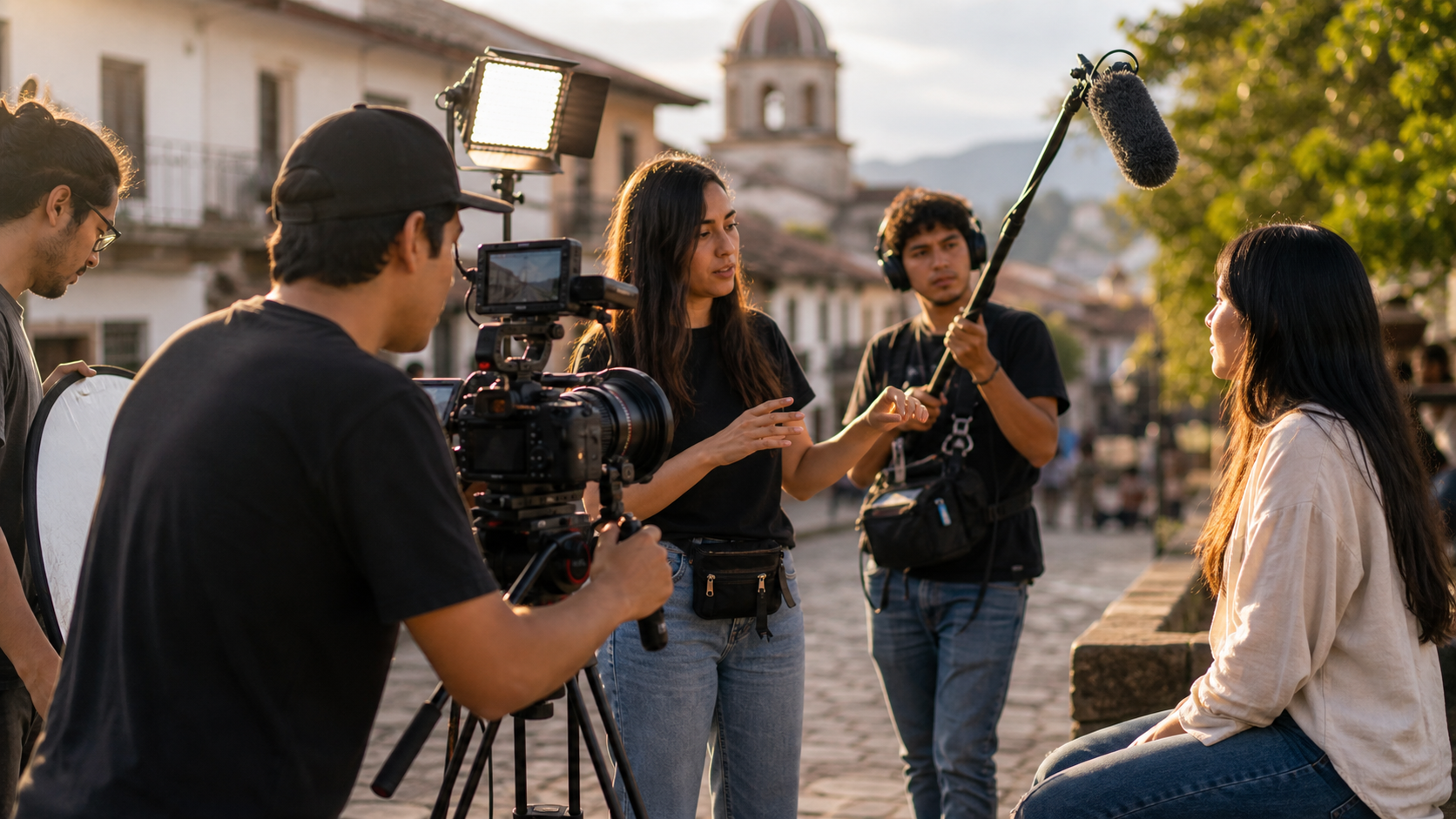 Equipo creativo de Unitécnica realizando una producción audiovisual en exteriores