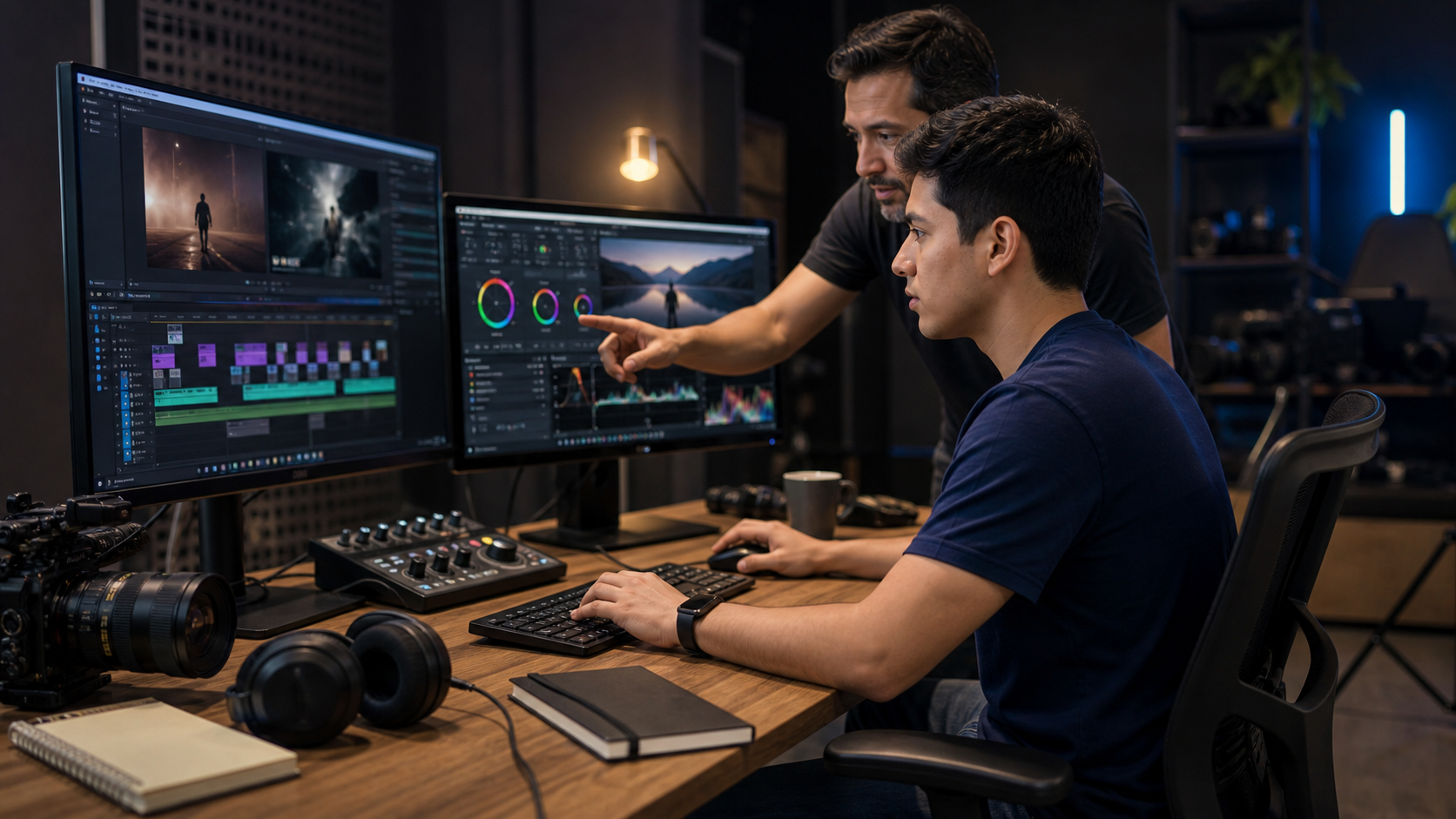 Estudiante de Unitécnica editando video digital y corrigiendo color en una estación de postproducción