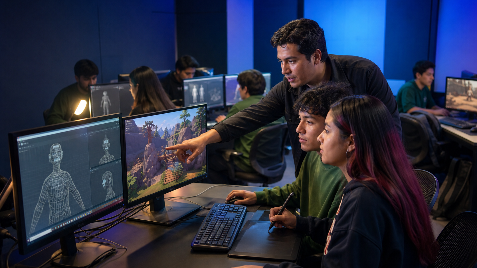 Estudiantes de Unitécnica trabajando en animación 3D y videojuegos en un laboratorio digital