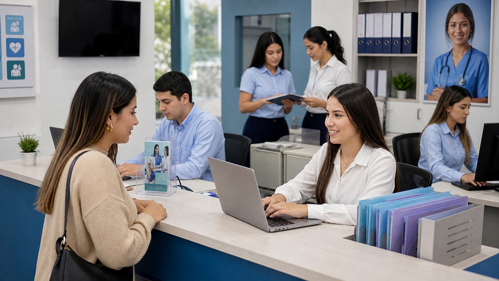 Estudiantes practicando admisiones y atención al usuario en salud