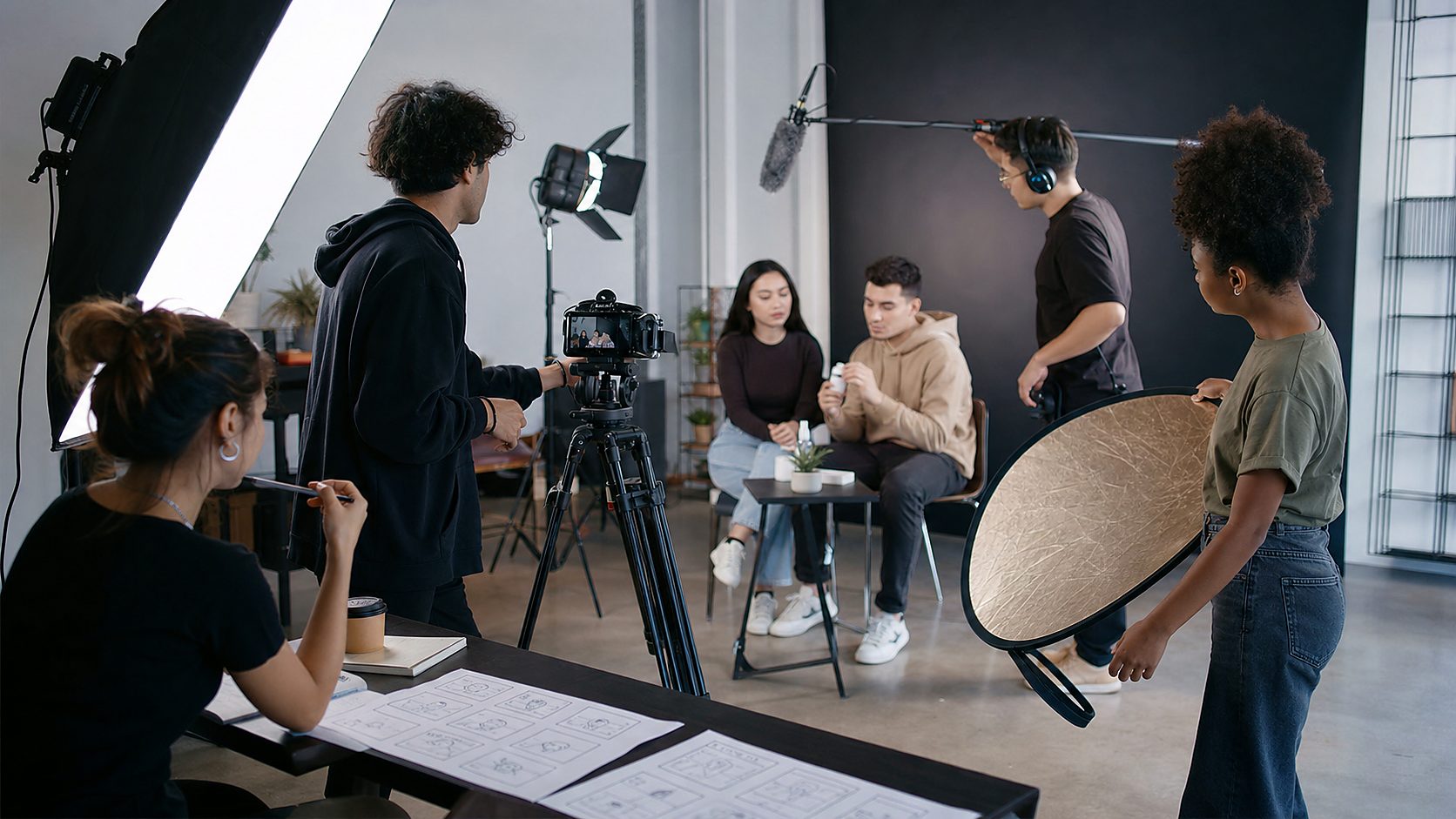 Estudiantes revisando cámara en clase de fotografía y video