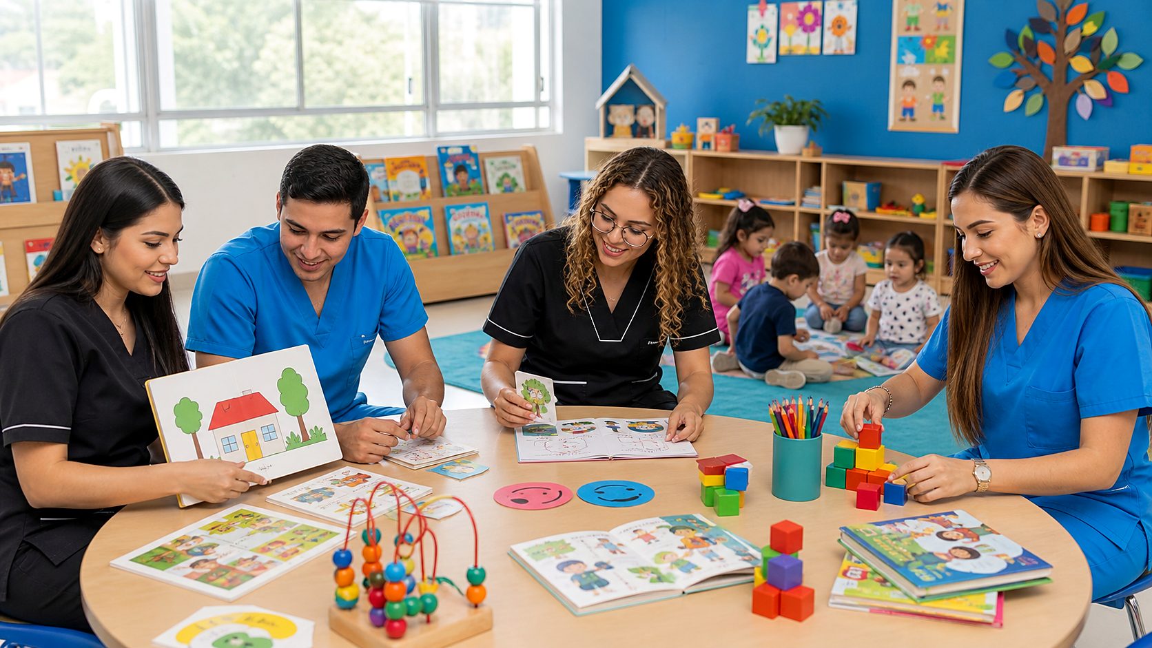 Estudiantes de preescolar preparando actividades de desarrollo infantil